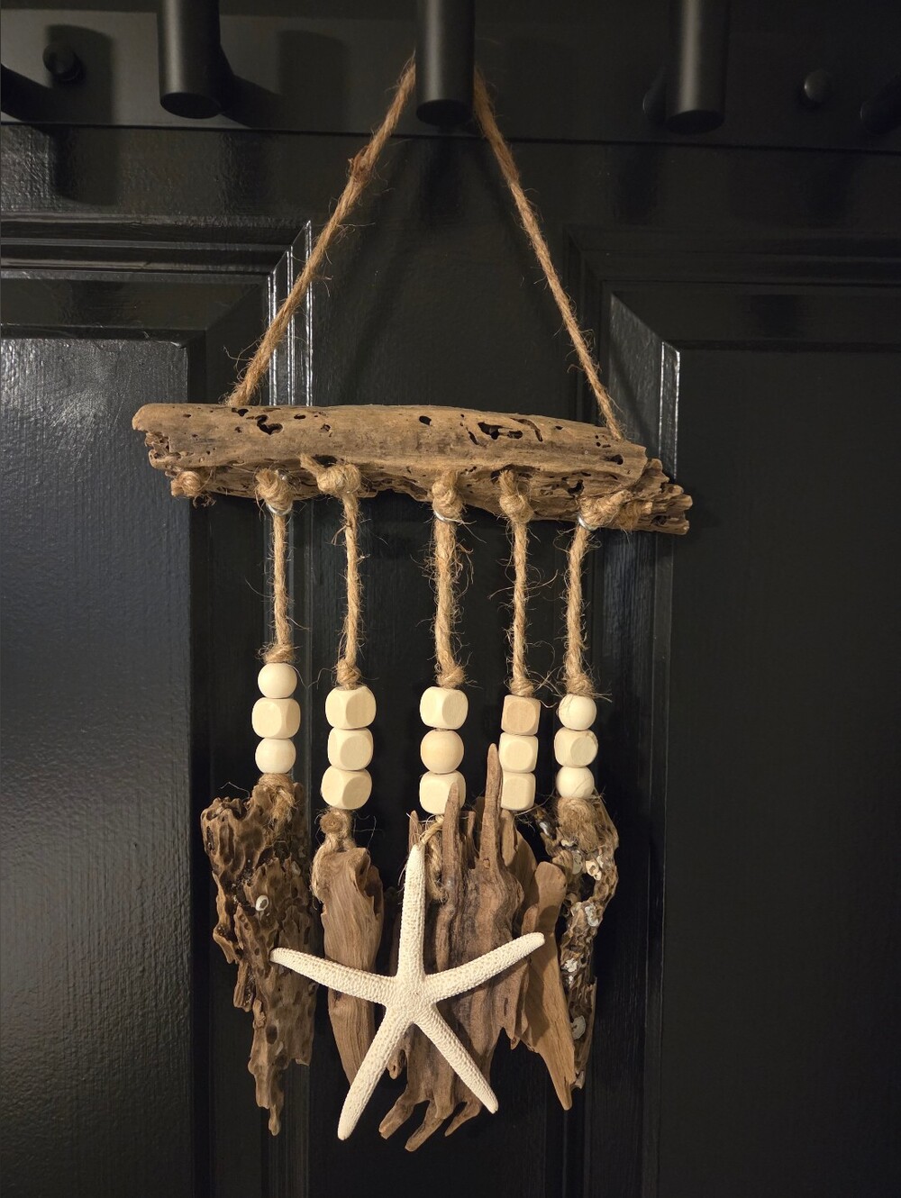 Driftwood and Starfish Hanging Wall Decor - Natural Ivory Beads